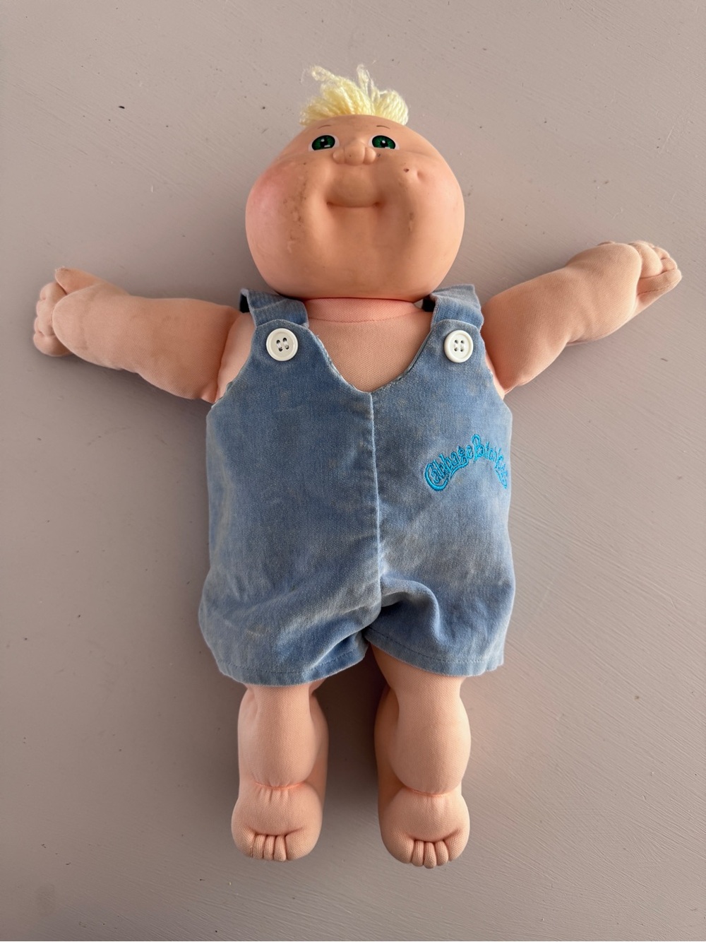 Vintage Blonde Bald Cabbage Patch Doll Baby Doll in Blue Overalls